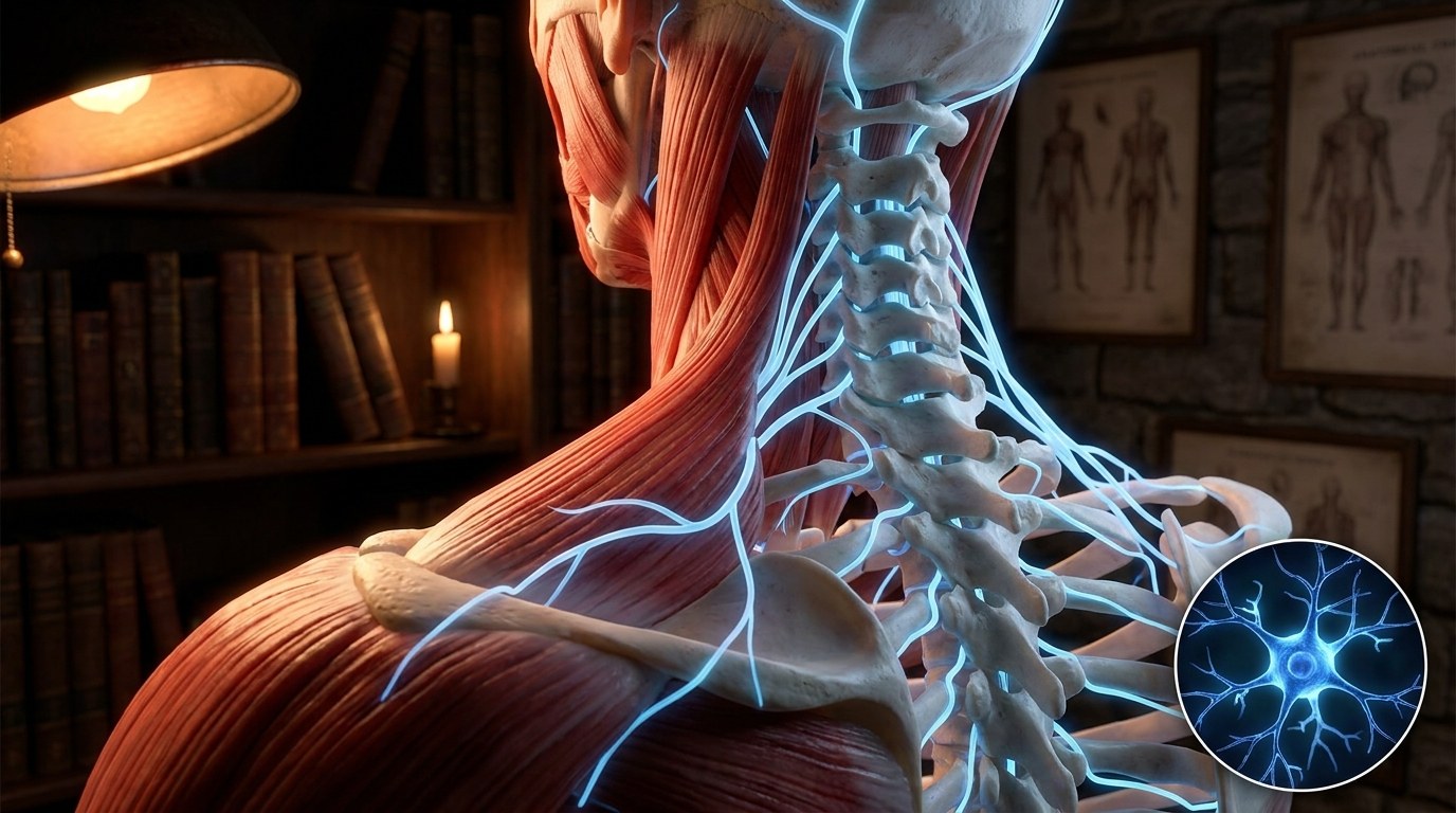 首・肩の筋肉と頸椎から広がる神経を表現した3D解剖ビジュアル