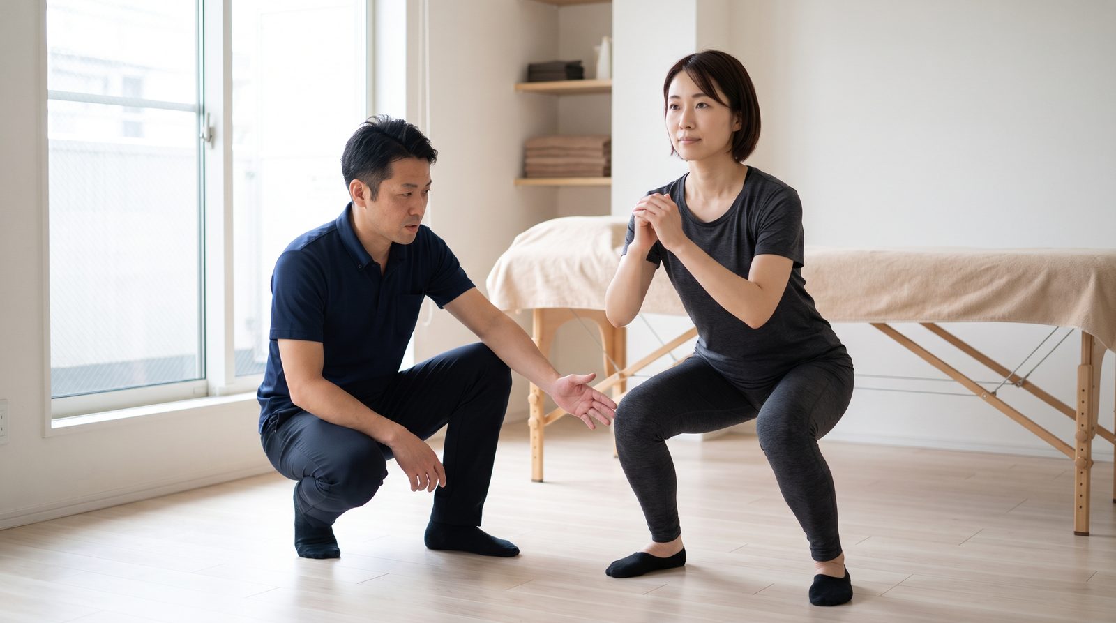 理学療法士がスクワット動作を分析している様子